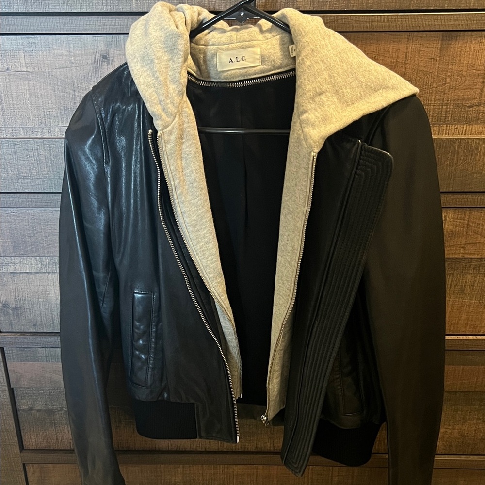 A.L.C. Black Leather Jacket with removable lining and Hood